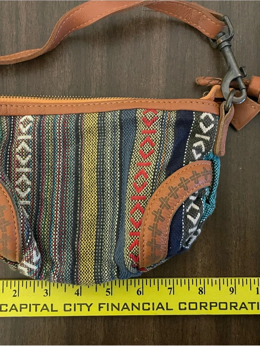 Multicolor Woven Crossbody Bag with Brown Trim